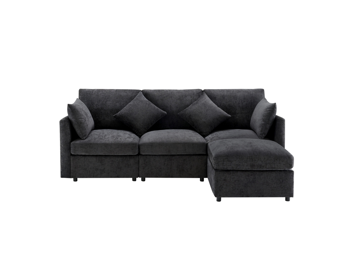 Sofá De Canto Em L Modular, Conversível Em 3 Lugares, Com Puff Móvel E 4 Almofadas De Chenille, Ideal Para Sala, Apartamento E Escritório.