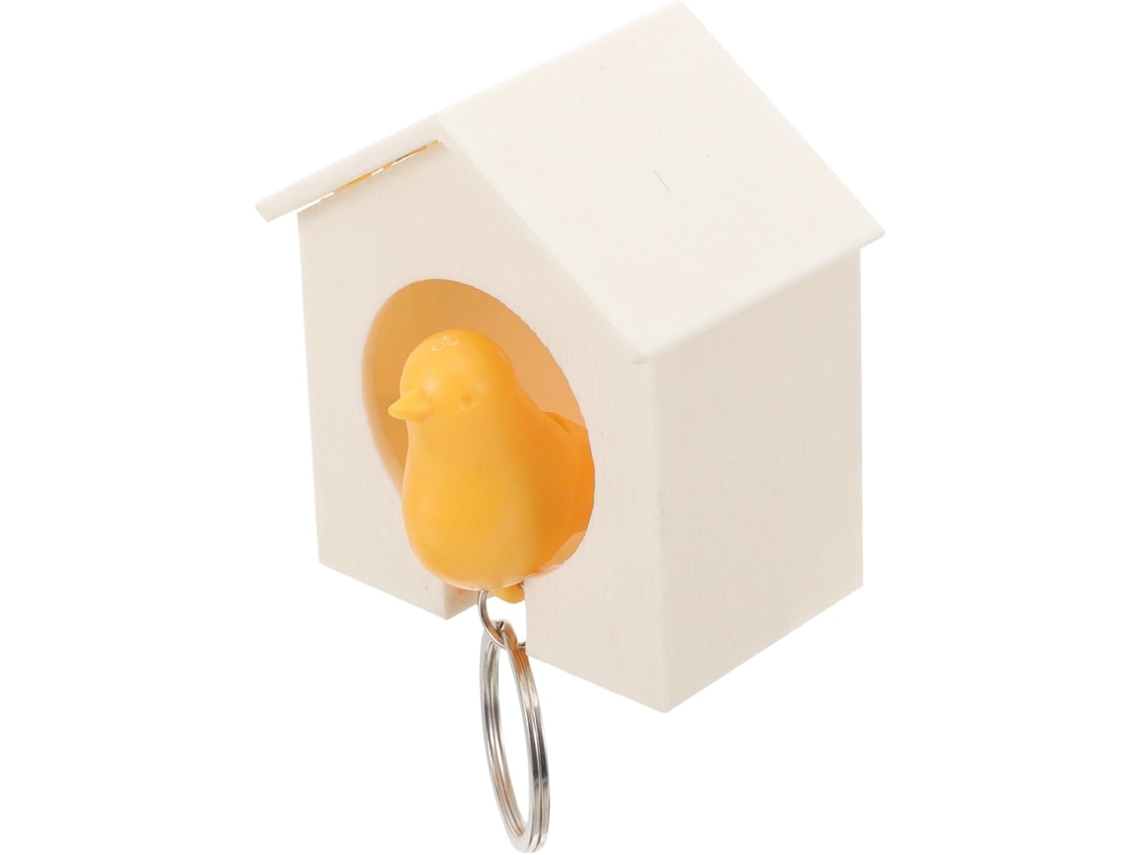 Chaveiro Casinha De Passarinho Em Abs Branco Com Pássaro Amarelo E Argola