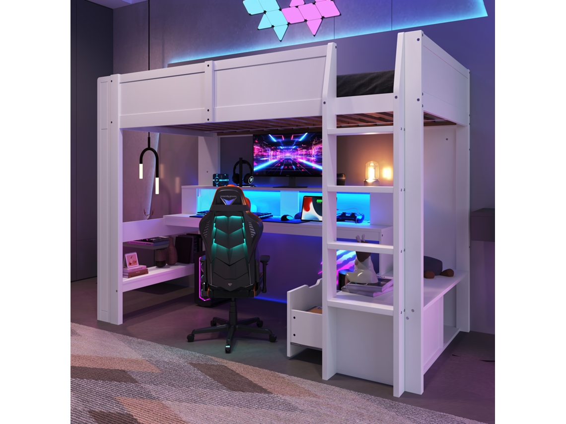 Cama Gaming 90x200cm Com Escrivaninha Led Gaveta Estantes Branca Sem Colchão