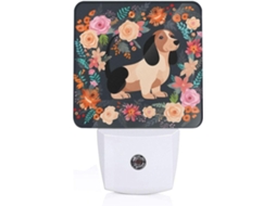 Luminária de parede Kururi Dachshund com estampa floral, sensor crepuscular, luzes noturnas de LED.