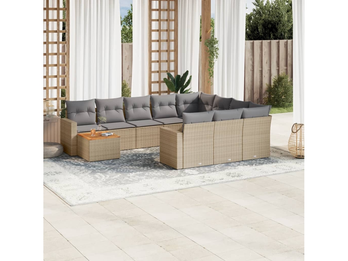 Vidaxl 11 Pcs Conj. Sofás Jardim C/ Almofadões Vime Pe Bege Misturado
