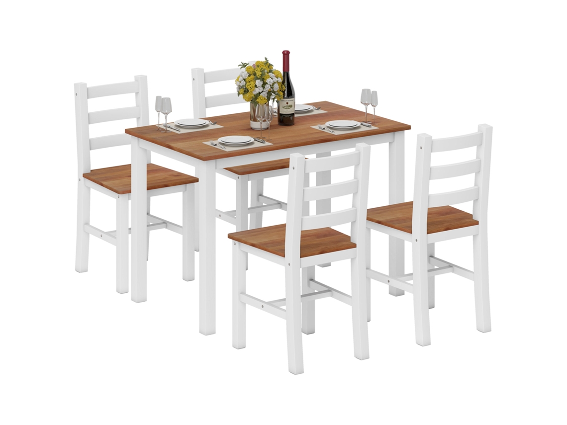 Conjunto Jantar 5 Peças, Madeira Pinheiro Marrom Branco