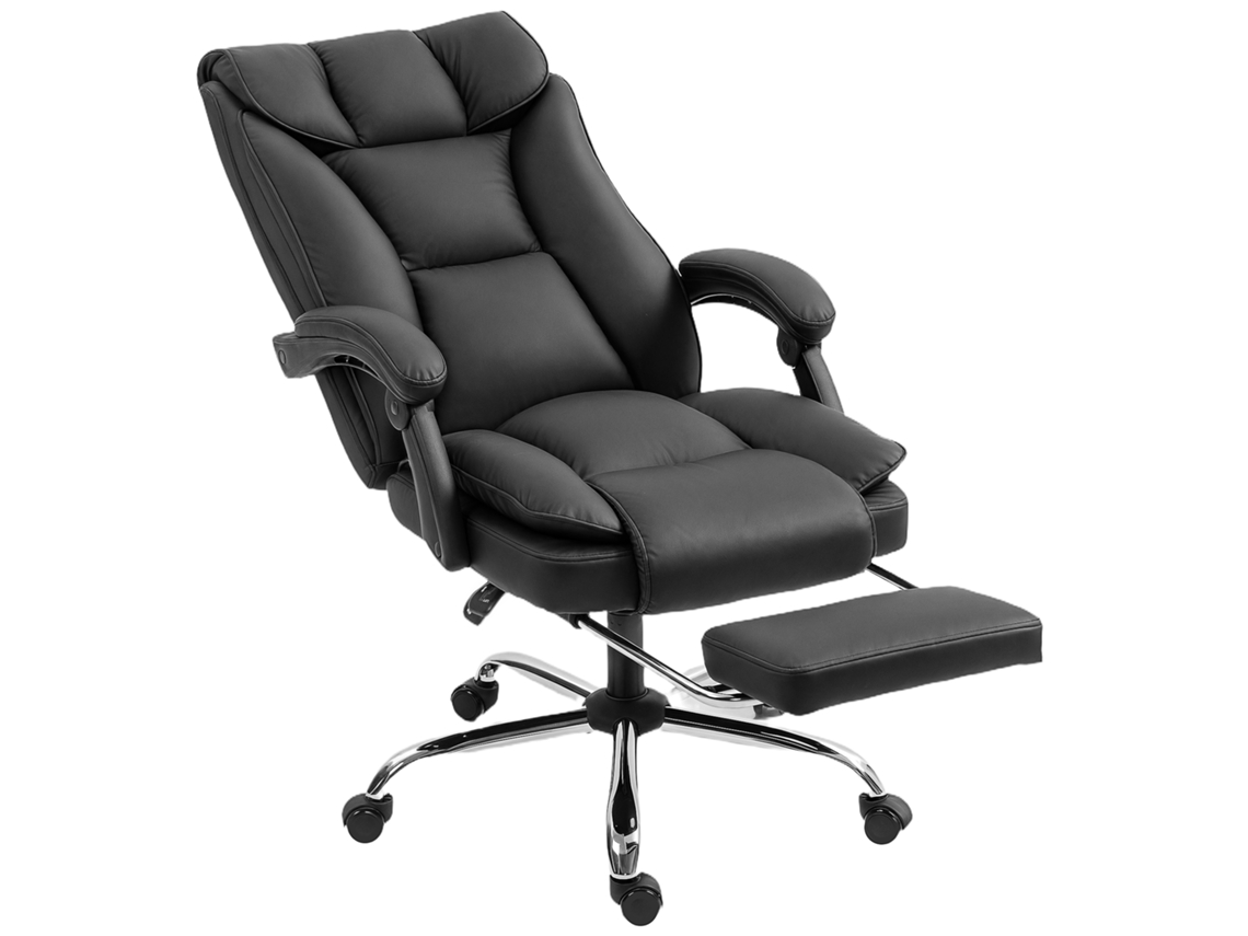 Cadeira De Escritório Reclinável 155°, Com Apoio Para Pés, Couro Sintético Resistente, Fácil De Limpar, Estofamento Duplo, Giratória, Ajustável, Preta