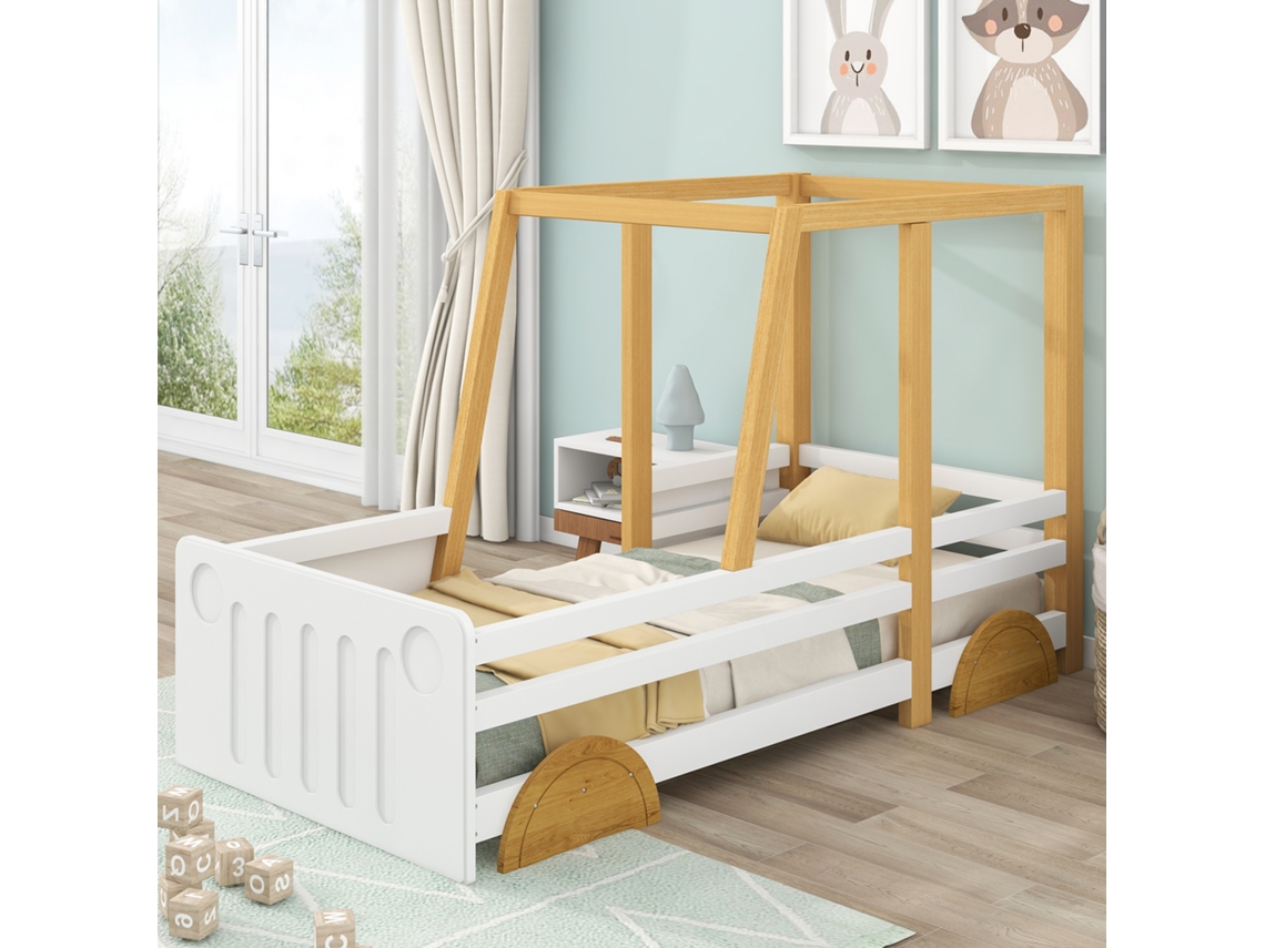 Cama Infantil Rodas Mdf Moldura Pinho Branco Natural 90x200cm