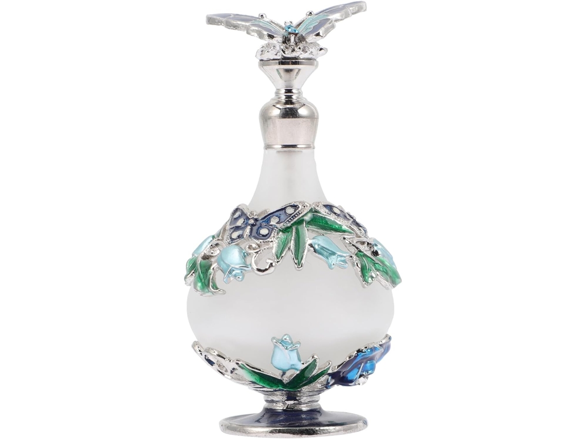 Frasco de perfume vintage em liga metálica e vidro, 25ml, recarregável, ideal para viajantes.
