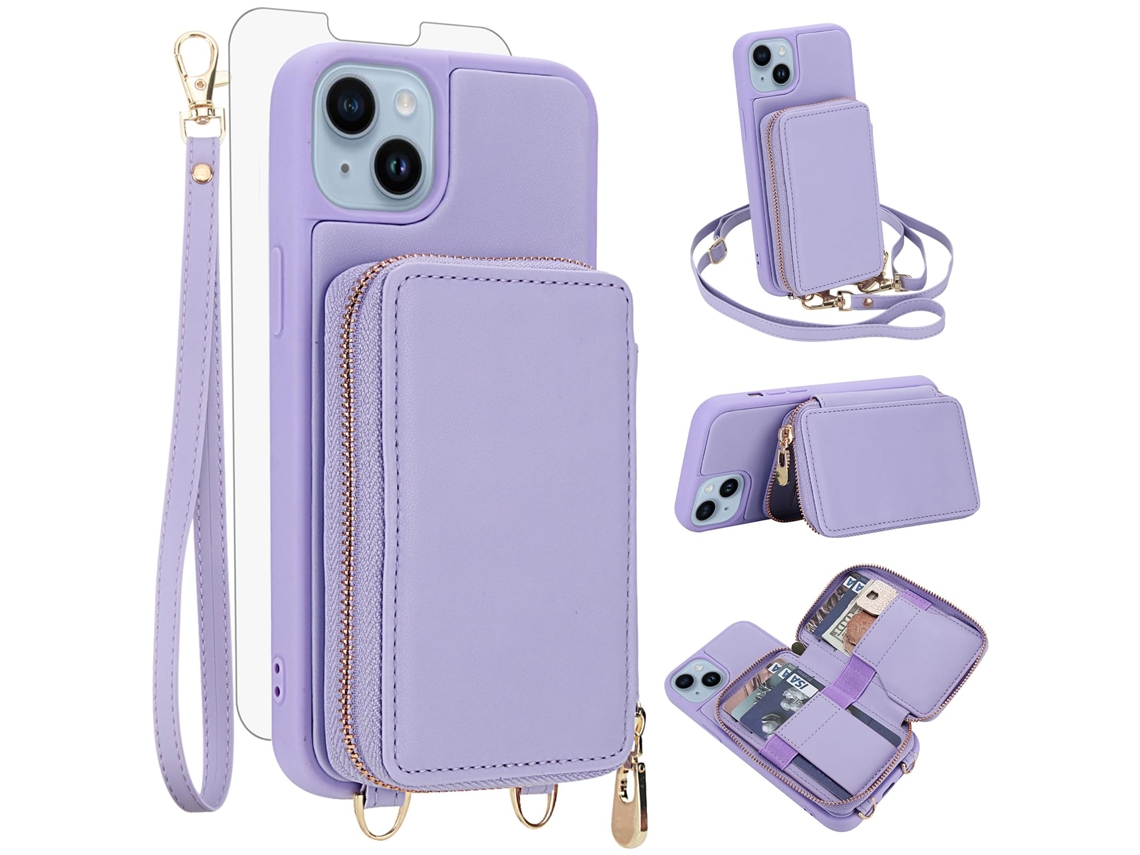 Capa Carteira Para Celular Em Couro Pu+tpu Com Protetor De Tela Para Iphone 14 Plus / 15 Plus (6,7 Polegadas) - Roxa
