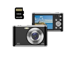 Câmera digital compacta DC306 48MP 4K UHD com foco automático e zoom de 16x, 2,8 polegadas, para crianças, 128g, preta, Yizhood