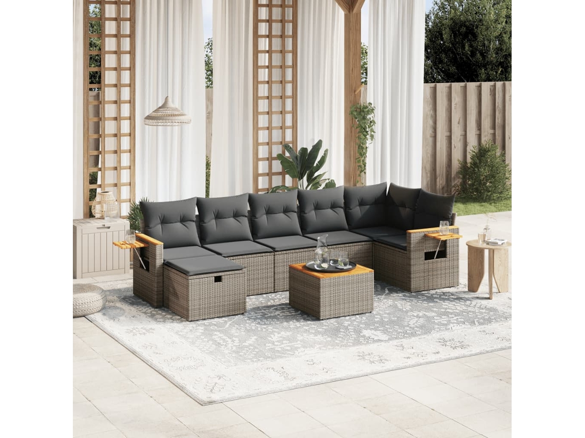 Vidaxl 8 Pcs Conjunto Sofás De Jardim C/ Almofadões Vime Pe Cinzento