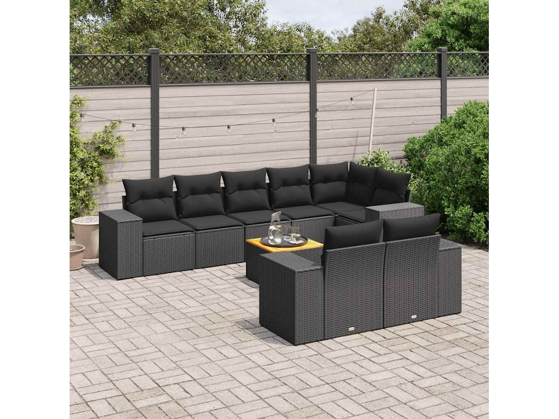 Vidaxl 9 Pcs Conjunto De Sofás P/ Jardim C/ Almofadões Vime Pe Preto