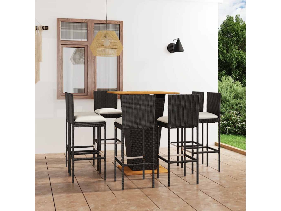 Vidaxl 9 Pcs Conjunto De Bar P/ Jardim C/ Almofadões Vime Pe Preto