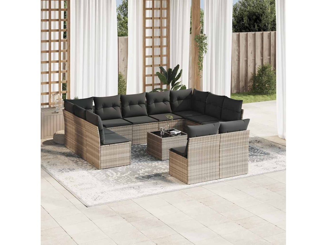 Vidaxl 12 Pcs Conj. Sofás Jardim Com Almofadões Vime Pe Cinzento-claro