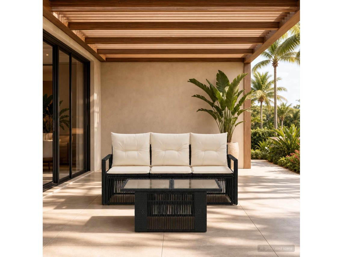 Vidaxl Conjunto De Sofá De Jardim 4 Unid. Preto E Branco Creme Vime Pe
