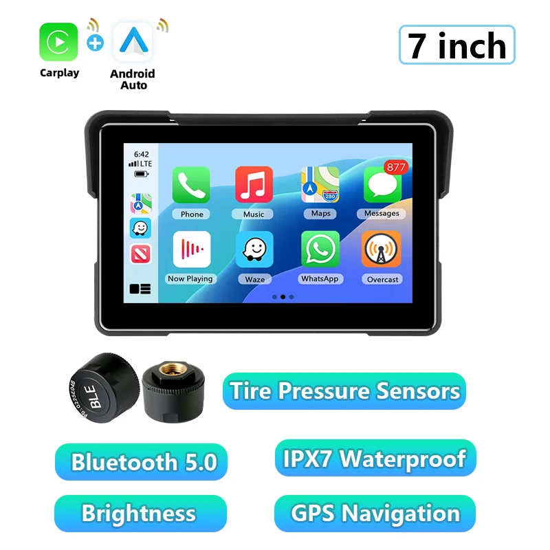 (7 Polegadas Carplay-tpms) Navegação Para Motocicletas De 7 Polegadas, Carplay Com Proteção À Prova D'água Para Pressão Dos Pneus