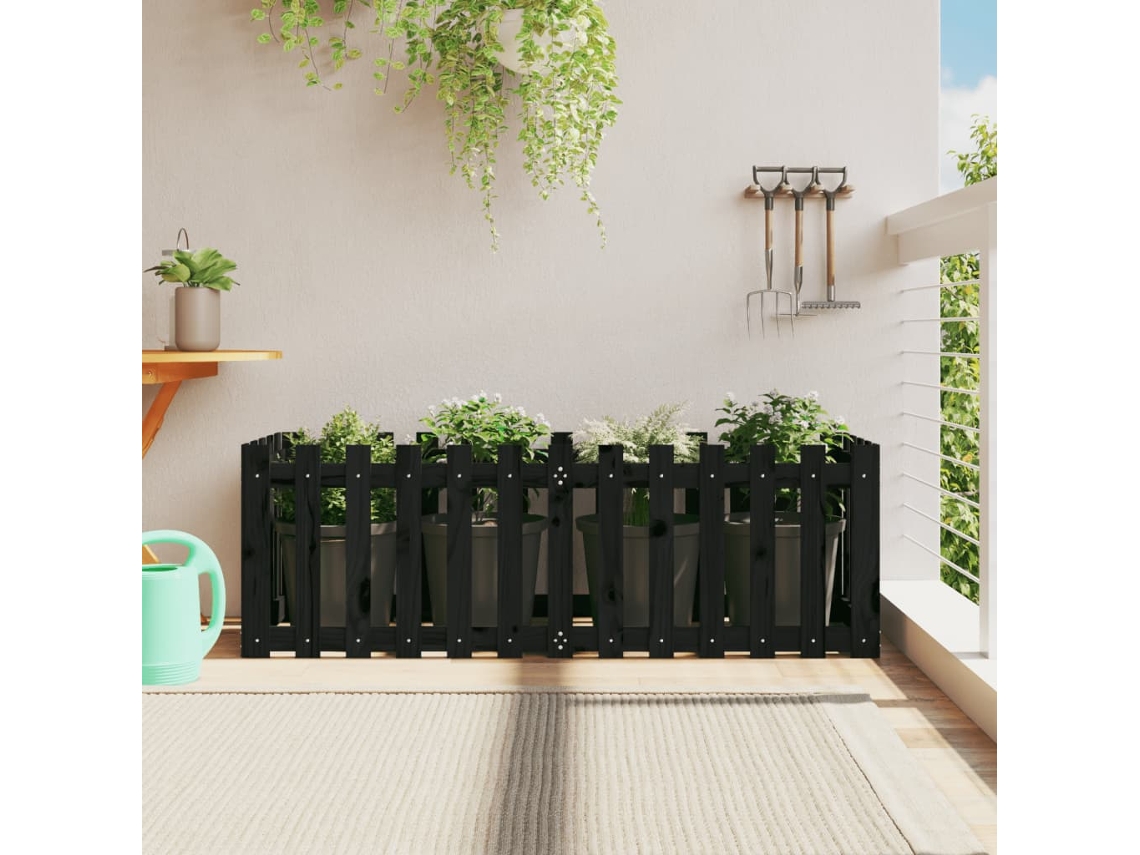 Vidaxl Canteiro Elevado C/ Design Cerca 150x50x50cm Pinho Maciço Preto
