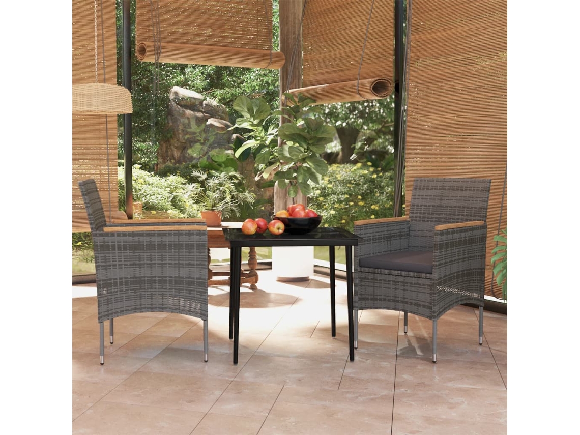 Vidaxl 3 Pcs Conj. De Jantar Para Jardim C/ Almofadões Cinzento/preto