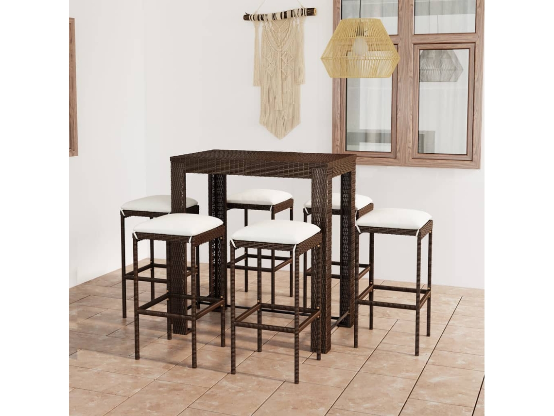 Vidaxl 7 Pcs Conjunto De Bar P/ Jardim Com Almofadões Vime Pe Castanho