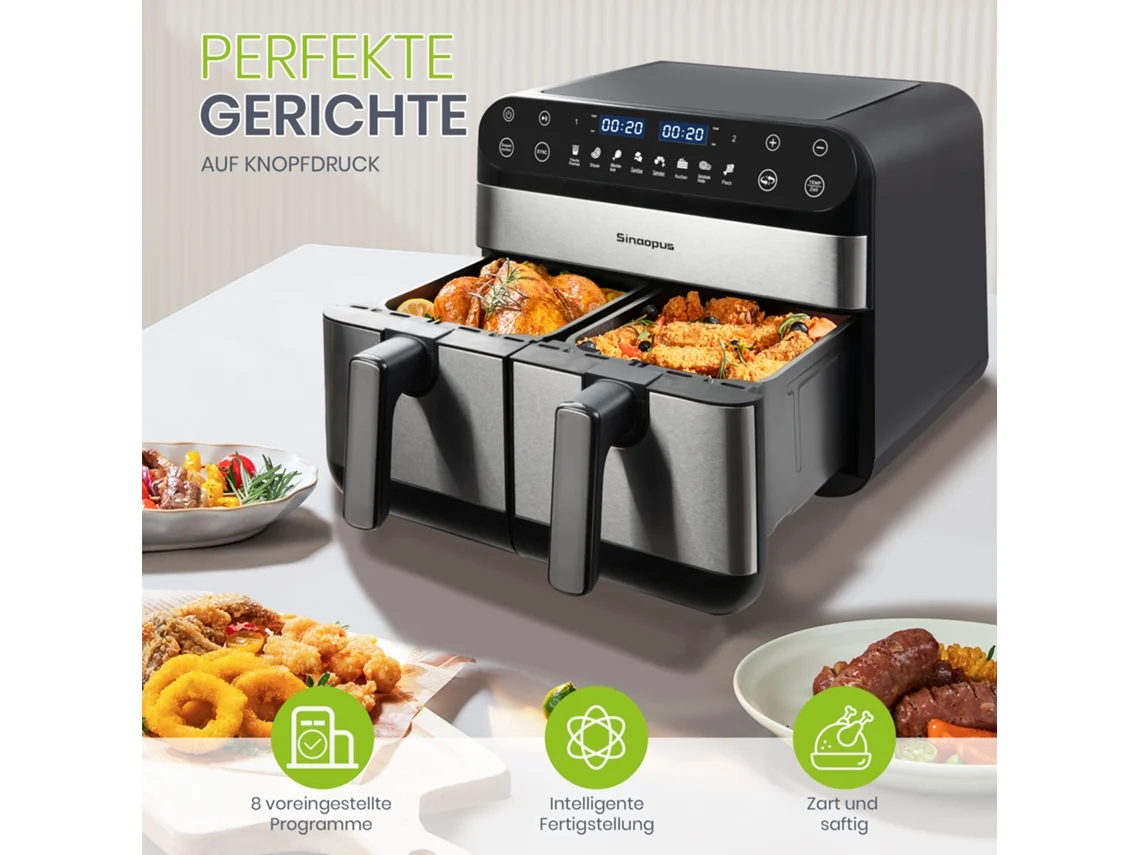 Fritadeira de Ar 10l Xxl, Câmara Dupla, Painel Touch Led, Tempo e Temperatura Reguláveis, 8 Funções de Cozimento Versáteis para Refeições Variadas.