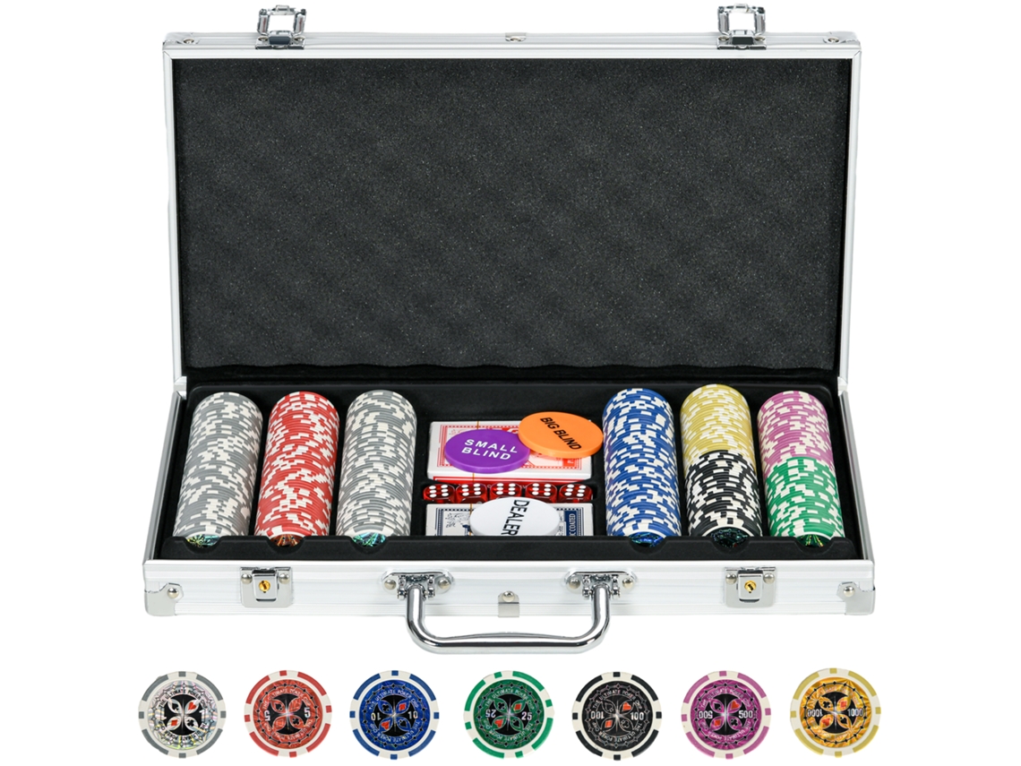 Conjunto De Pôquer Para 7 A 8 Jogadores Com 300 Fichas, 2 Baralhos De Cartas E 5 Dados, Feito De Alumínio E Poliéster.