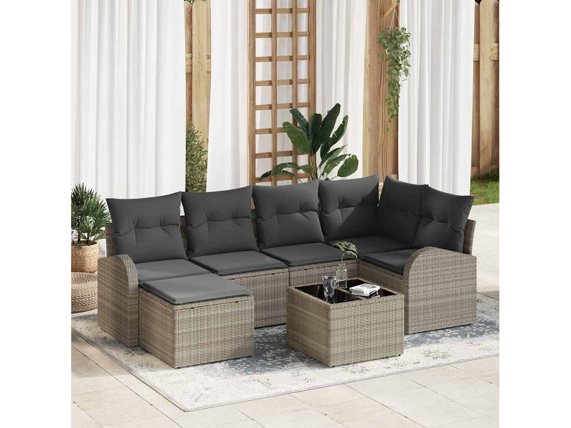 Vidaxl Conjunto De Sofás Com Almofada 7 Pcs Cinzento-claro Vime Pe