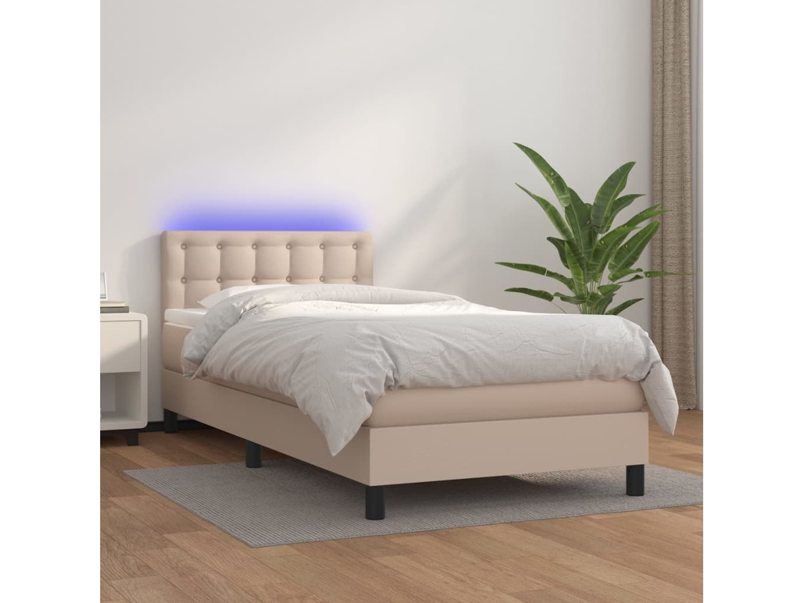 Cama Box Spring C/ Colchão/led 90x190cm Couro Artif. Cappuccino