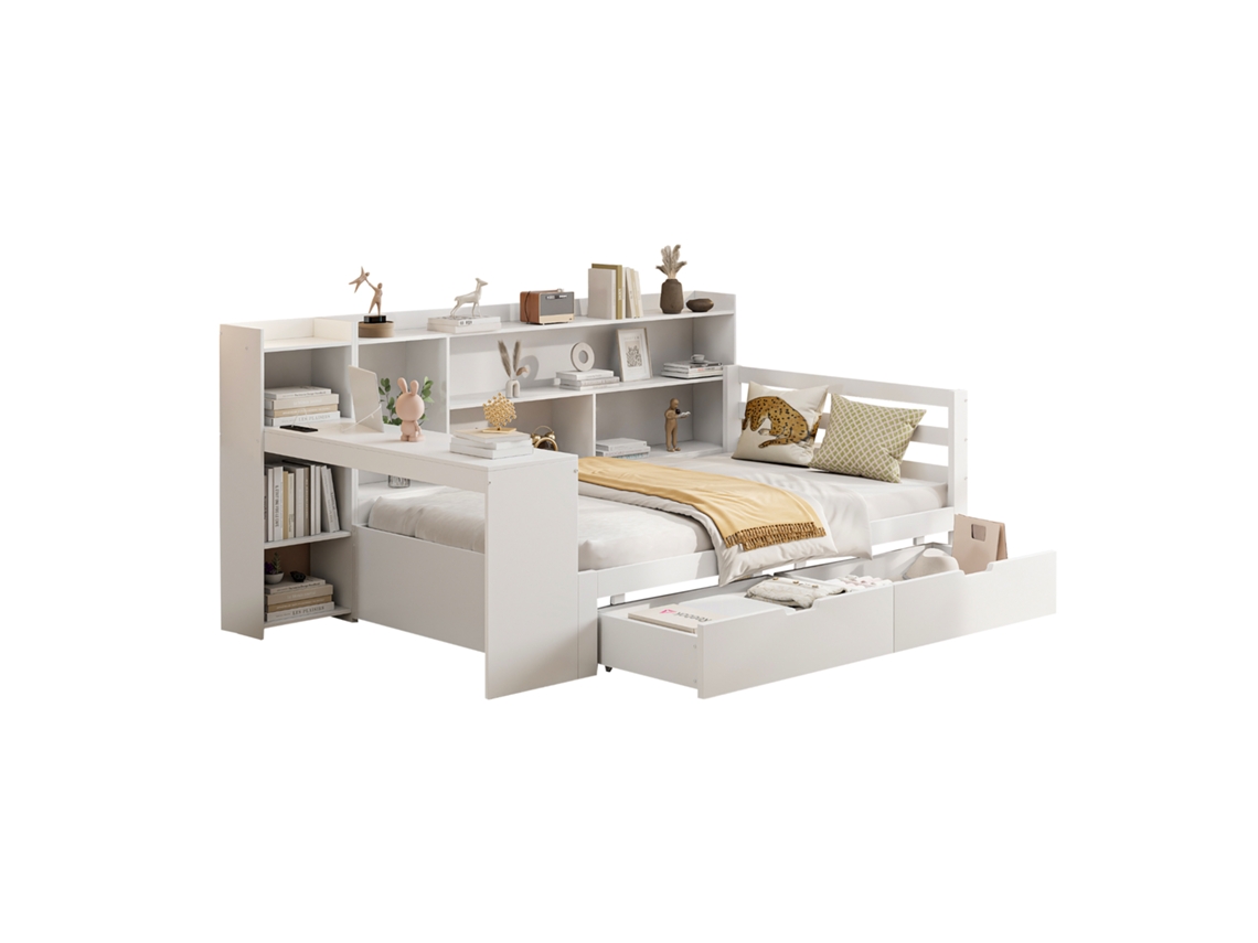 Sofá cama de Madeira Maciça 90x200 Cm, multifuncional com Escrivaninha, estante e Tomada Elétrica, ideal para Armazenamento PAPRIKA