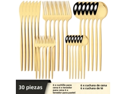Conjunto de Talheres de Aço Inoxidável com 30 Peças: Faca, Garfo, Colher, Talheres e Utensílios de Prata. MDUG (dourado)