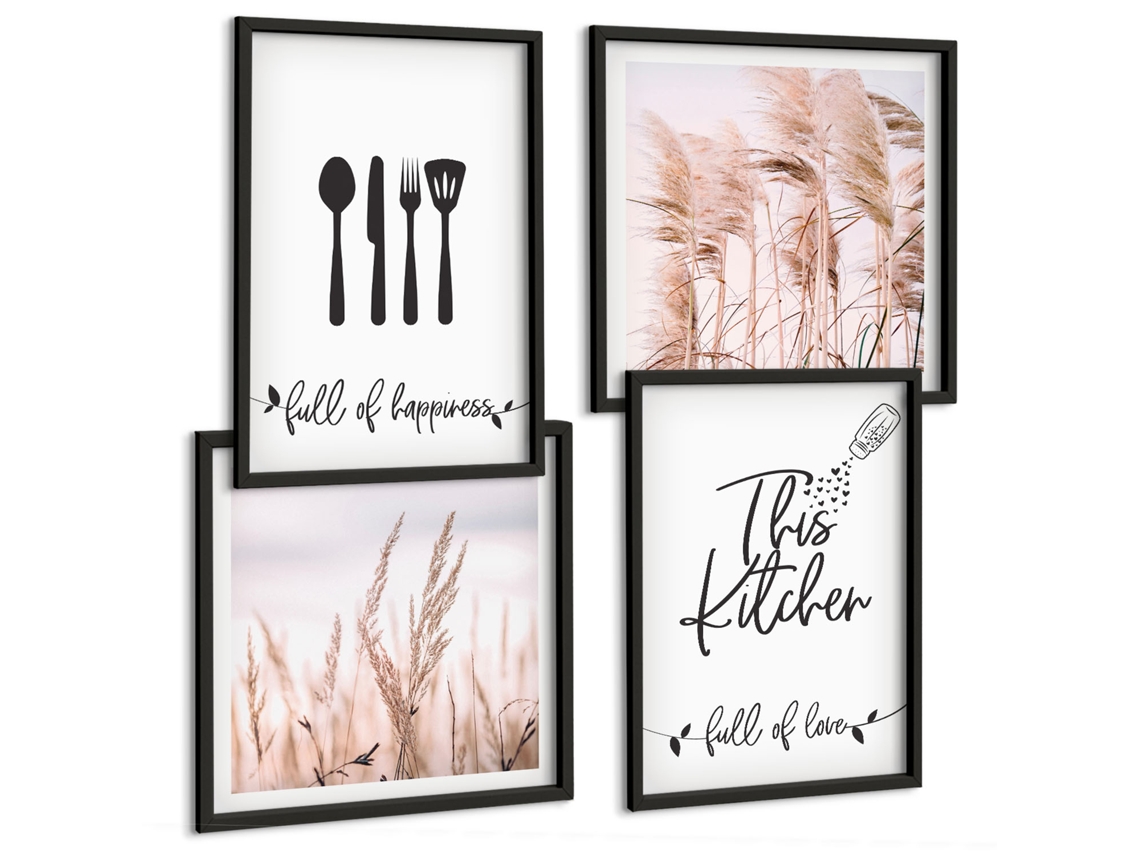 Composição De Quadros Gatos Rosas Tons Delicados Espelharte (4 Peças)