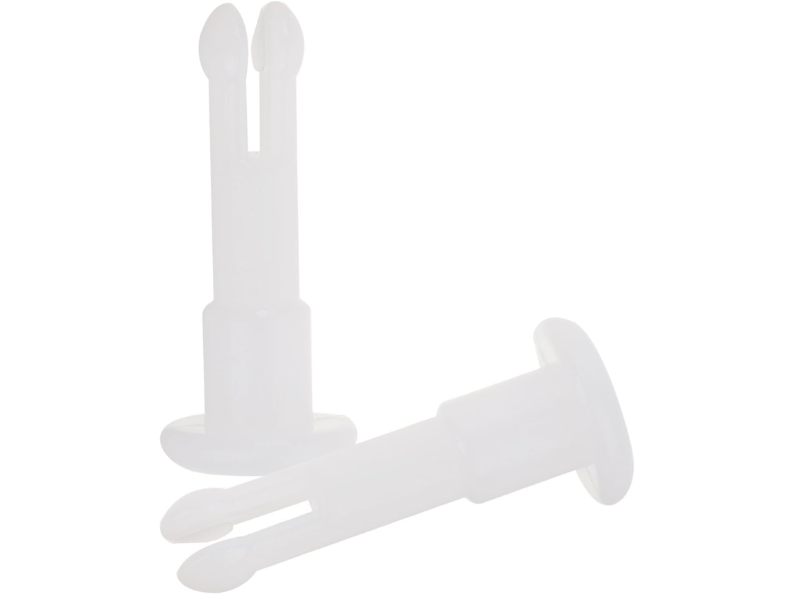 Conjunto de 2 pinos de plástico branco para fixação e manuseio simples, ideais para óculos e óticas.