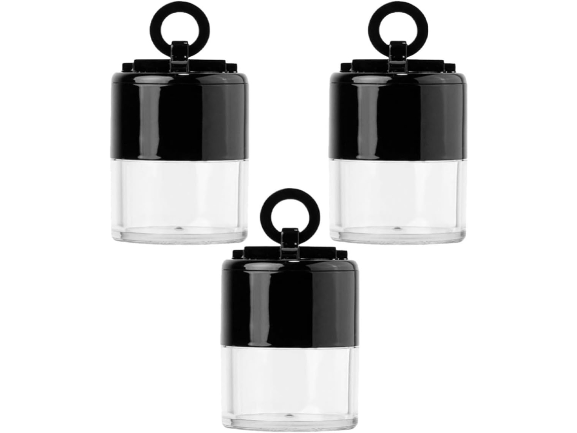 Conjunto de 3 recipientes portáteis para cápsulas, 10g cada, em plástico com esponja para uso diário.