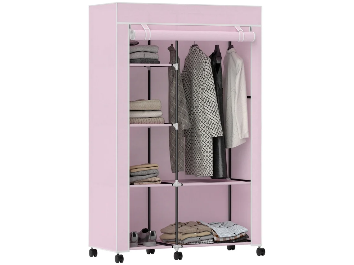 Guarda Roupa Portátil em Tecido com Rodinhas, 6 Prateleiras E 1 Cabideiro Para Quarto, 103x43x162,5cm, Rosa.