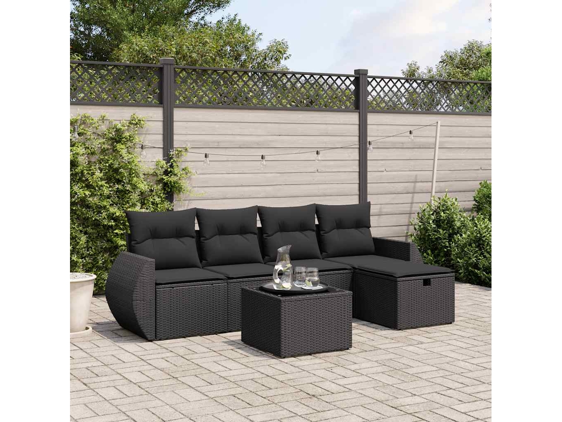 Vidaxl 6 Pcs Conjunto Sofás De Jardim C/ Almofadões Vime Pe Preto
