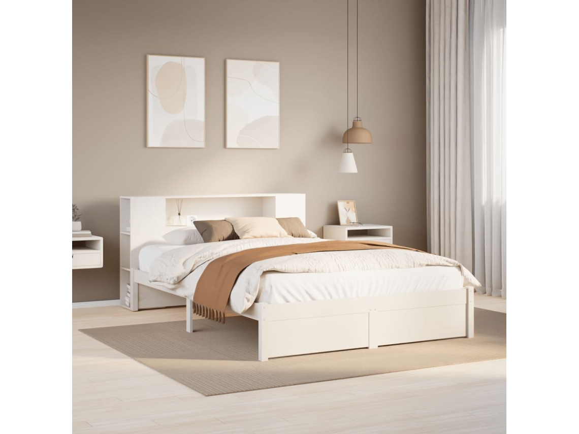 Cama Com Estante Sem Colchão 160x200 Cm Pinho Maciço Branco