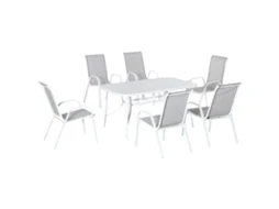 Conjunto de Mesa e 6 Cadeiras para Varanda com Furo para Guarda sol e Tampo de Vidro móveis de Jardim Cinza BTFORUS