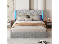Cama Matrimonial 160x200 Con Almacenaje Hidráulico Y Led, Tapizada En Terciopelo Gris, Mecanismo De Gas, Capacidad 340kg