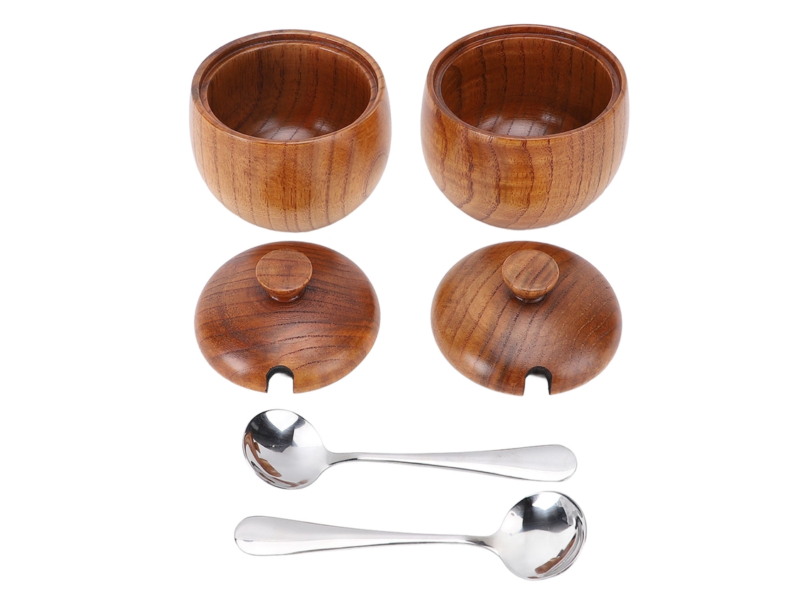 2 Peças De Taza De Sal De Madeira Tarro Multifuncional Com Tampa E Colher Para Açúcar Condimentos Especias