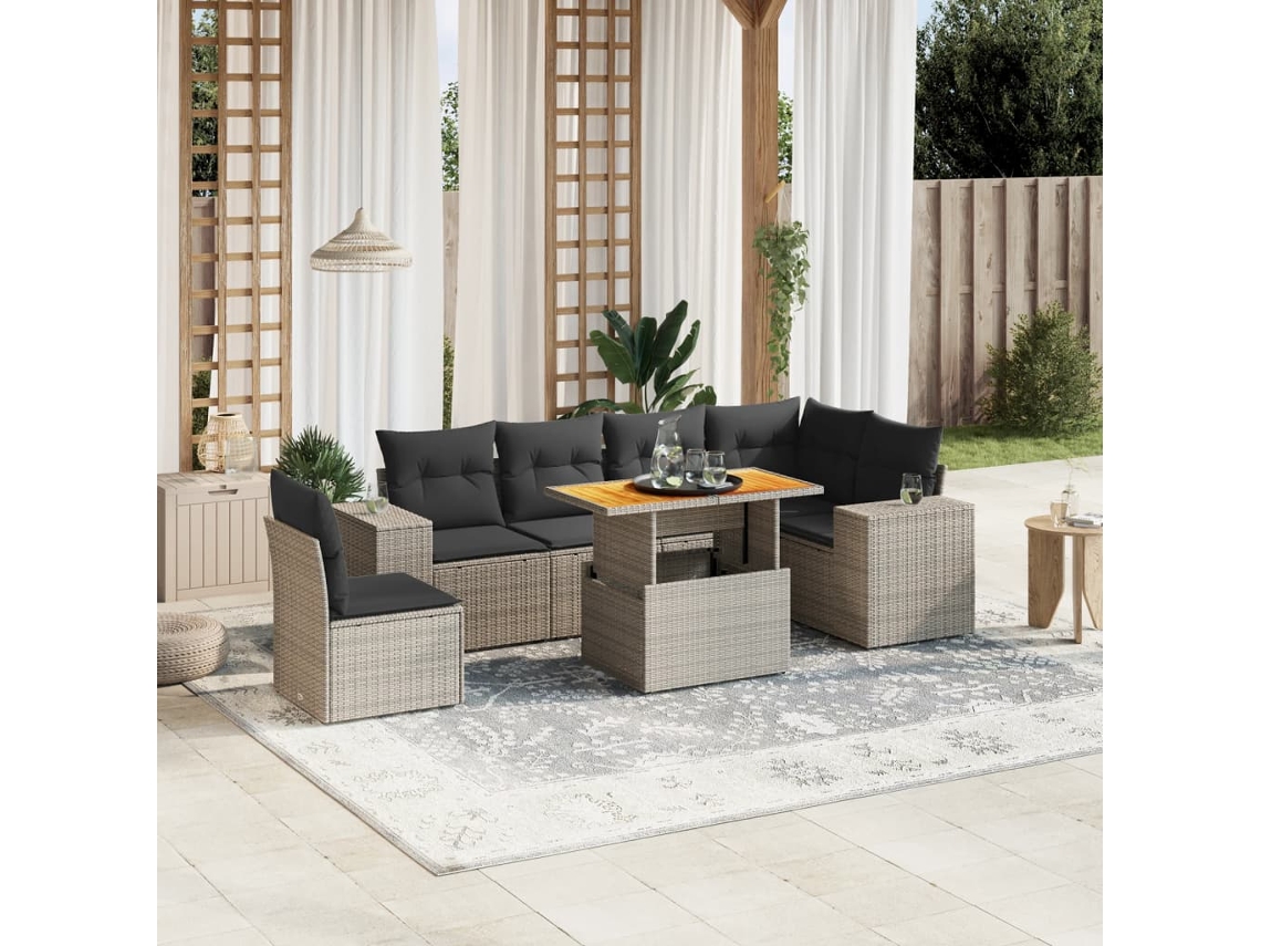 Jogo 7 Peças Sofás P/ Jardim C/ Almofadões Vime Pe Cinza Dkd Home Decor