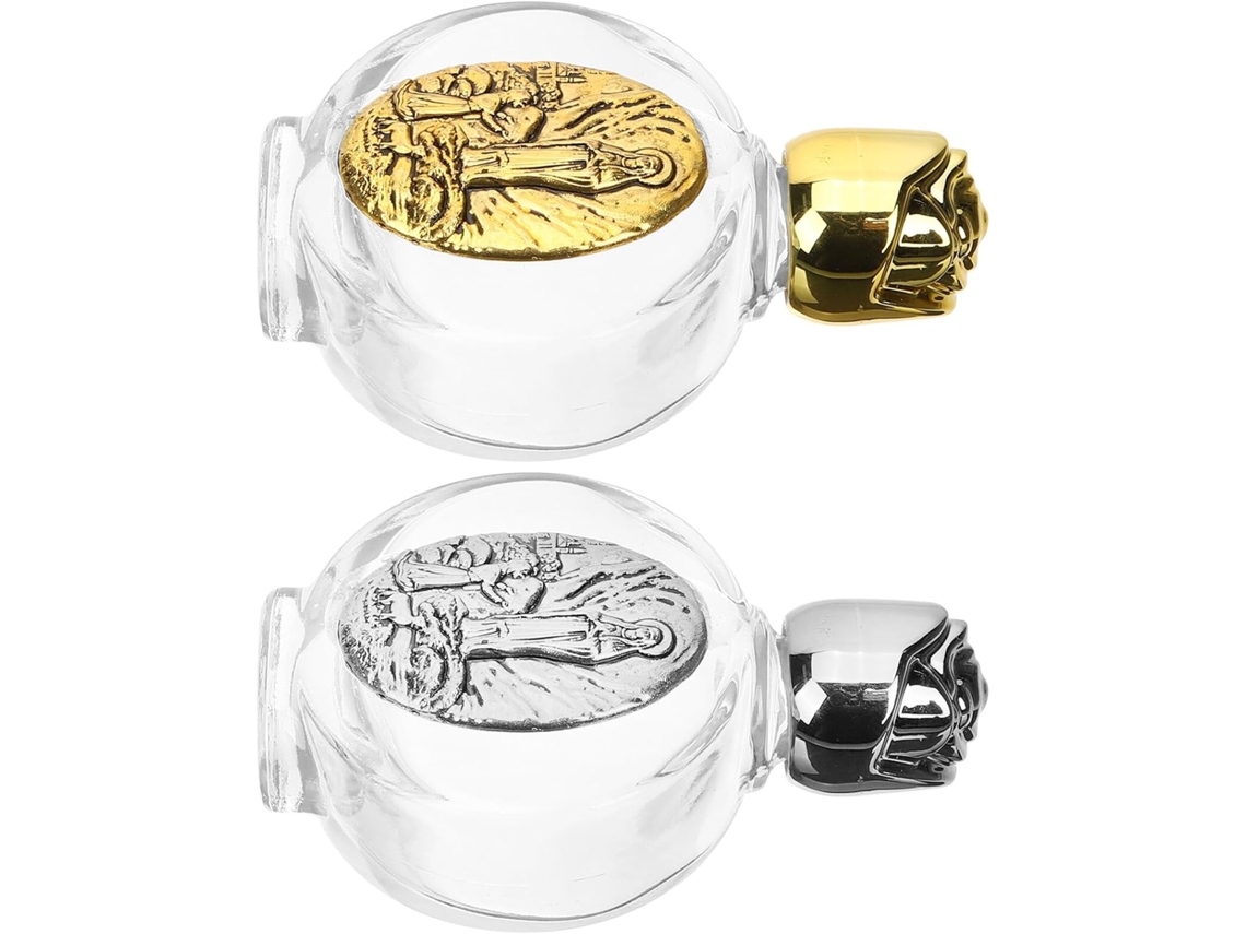 Conjunto 2 Pequenos Frascos Vidro Recarregáveis Benta Detalhes Metal Dourado Prateado Decoração Católica GOKOCO