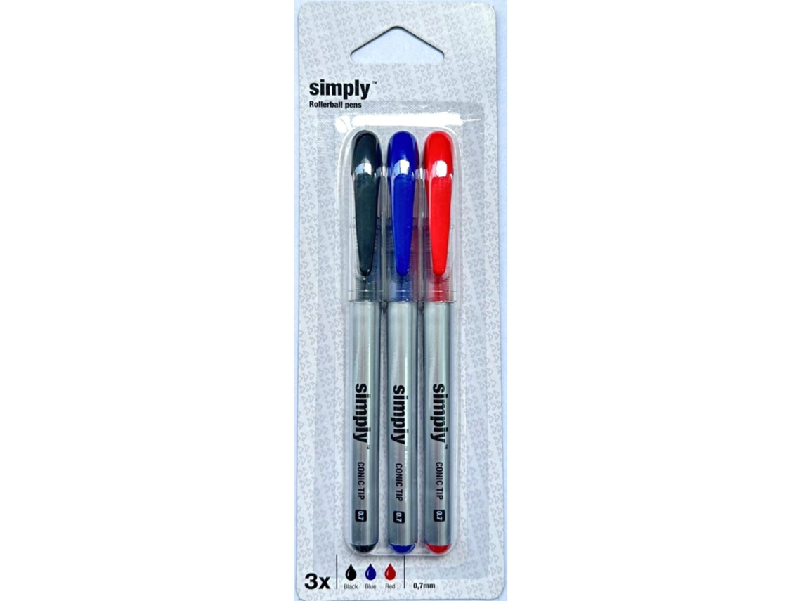 Caneta Rollerball SIMPLY Ponta de 0,7 Mm, Tinta de Cores Sortidas, Embalagem 3 Unidades