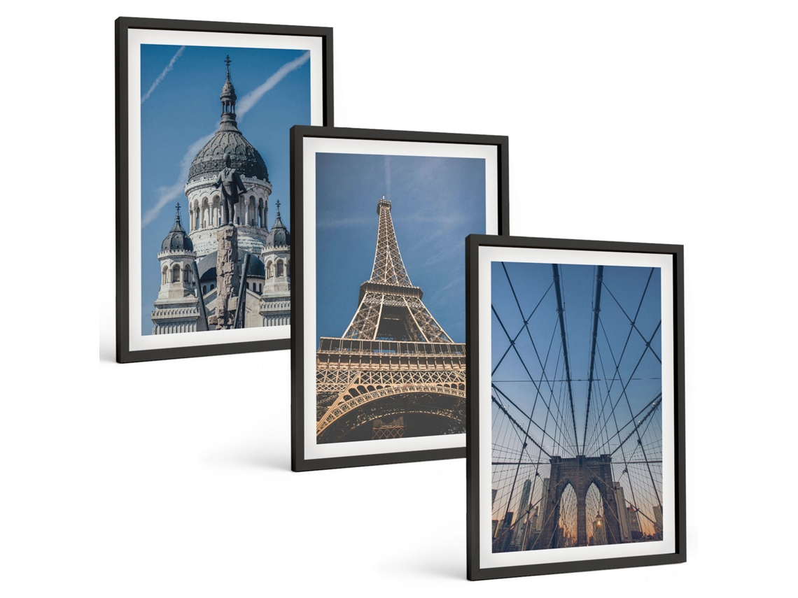 Conjunto De Pinturas Vistas De Edifícios De Cidades Ao Redor Do Mundo Espelharte (3 Peças 40x60 Cm)