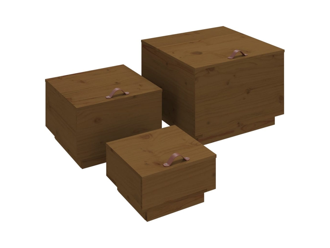 Conjunto de 3 Caixas de Arrumação com Tampas Pinho Maciço Castanho Mel MAISON EXCLUSIVE