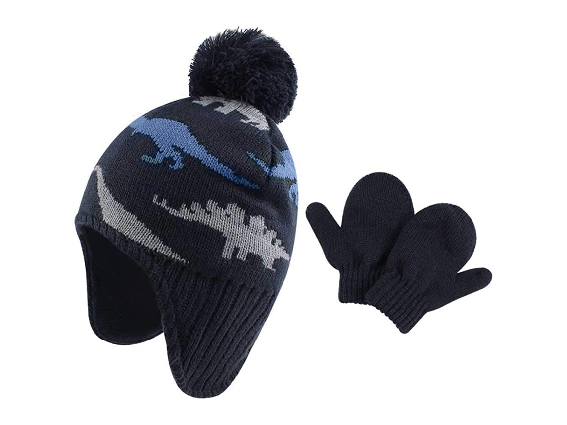 Conjunto Boné Com Luvinhas De Inverno Para Bebê 6 Meses-2 Anos Cinza Azul Marinho
