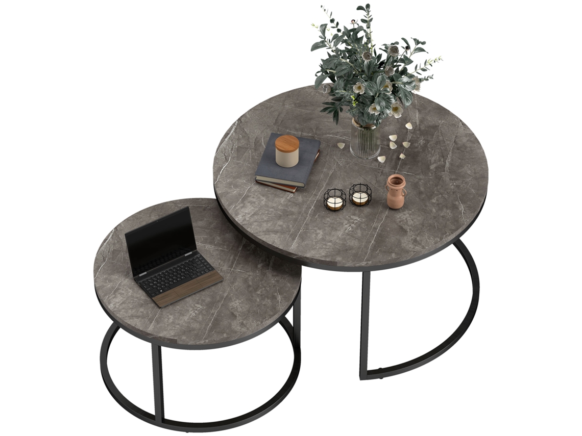 Conjunto de 2 Mesas de Centro Empilháveis, Design Industrial, Tampo com Efeito Cimento, Pés de Metal Cinza. CHEZMOI