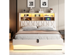 Cama Casal Estofada 180x200 Cm Com Arrumação Hidráulica, Led App, Usb, Ripas Metálicas E Linho Bege