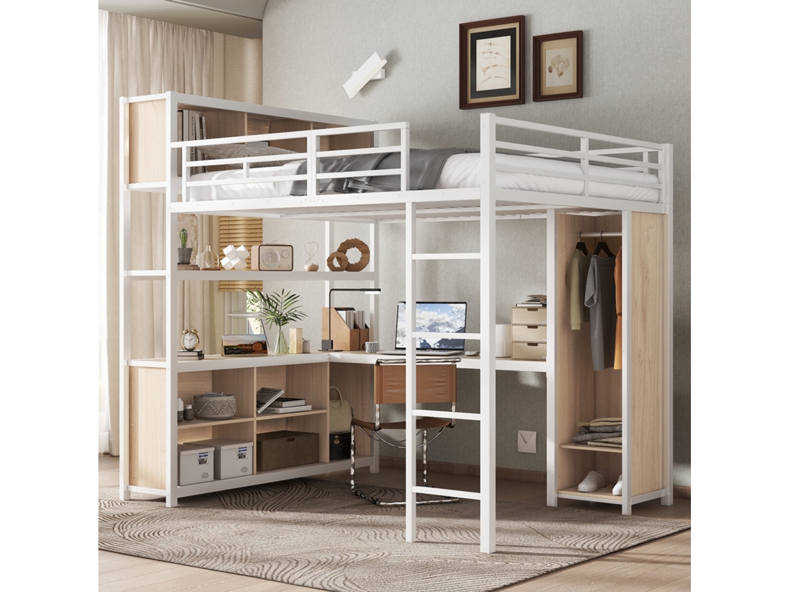 Cama Beliche Em Ferro Com Escrivaninha, Baú E Guarda-roupa, 140x200cm, Branco E Natural.