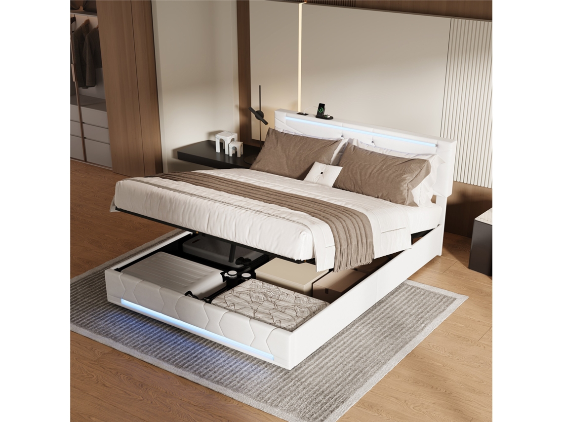Cama Estofada Casal 140x200 Cm Com Espaço De Armazenamento Debaixo Da Cama, Luz Led E Usb, Altura Da Cabeceira Ajustável, Cor Bege Mexus