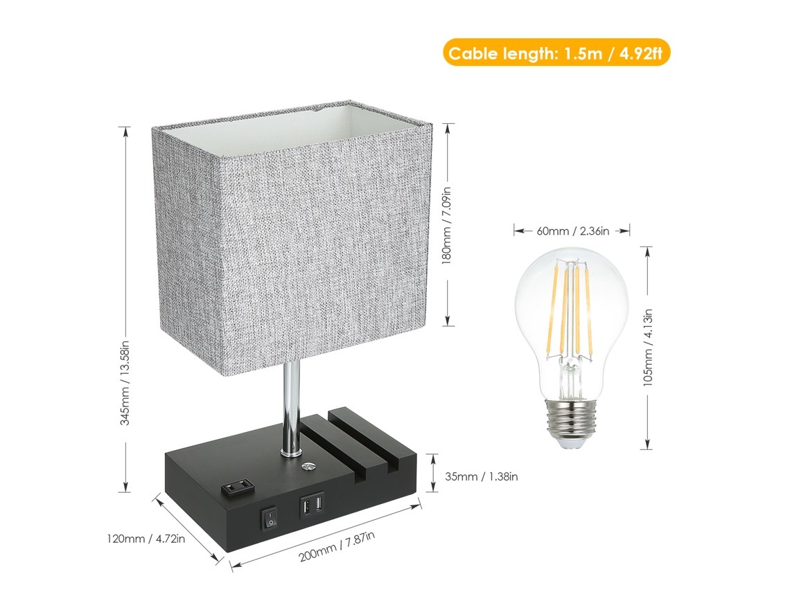 2026 lâmpada de Mesa com Controle Táctil, 2 Portas Usb e Tomada, 3 Níveis de Brilho para Quarto e Escritório (lâmpada Incluída)
