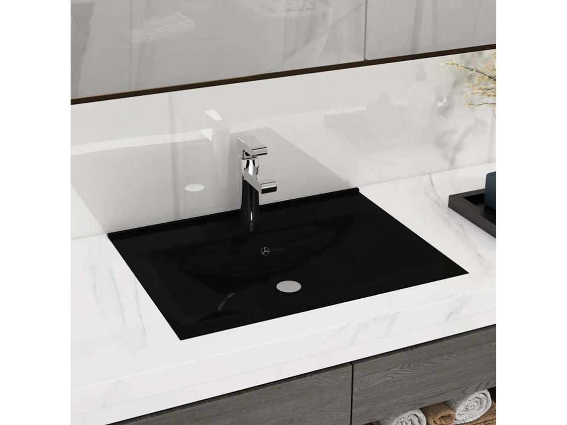 Vidaxl Lavatório C/ Orifício De Torneira 60x46 Cm Cerâmica Preto Mate