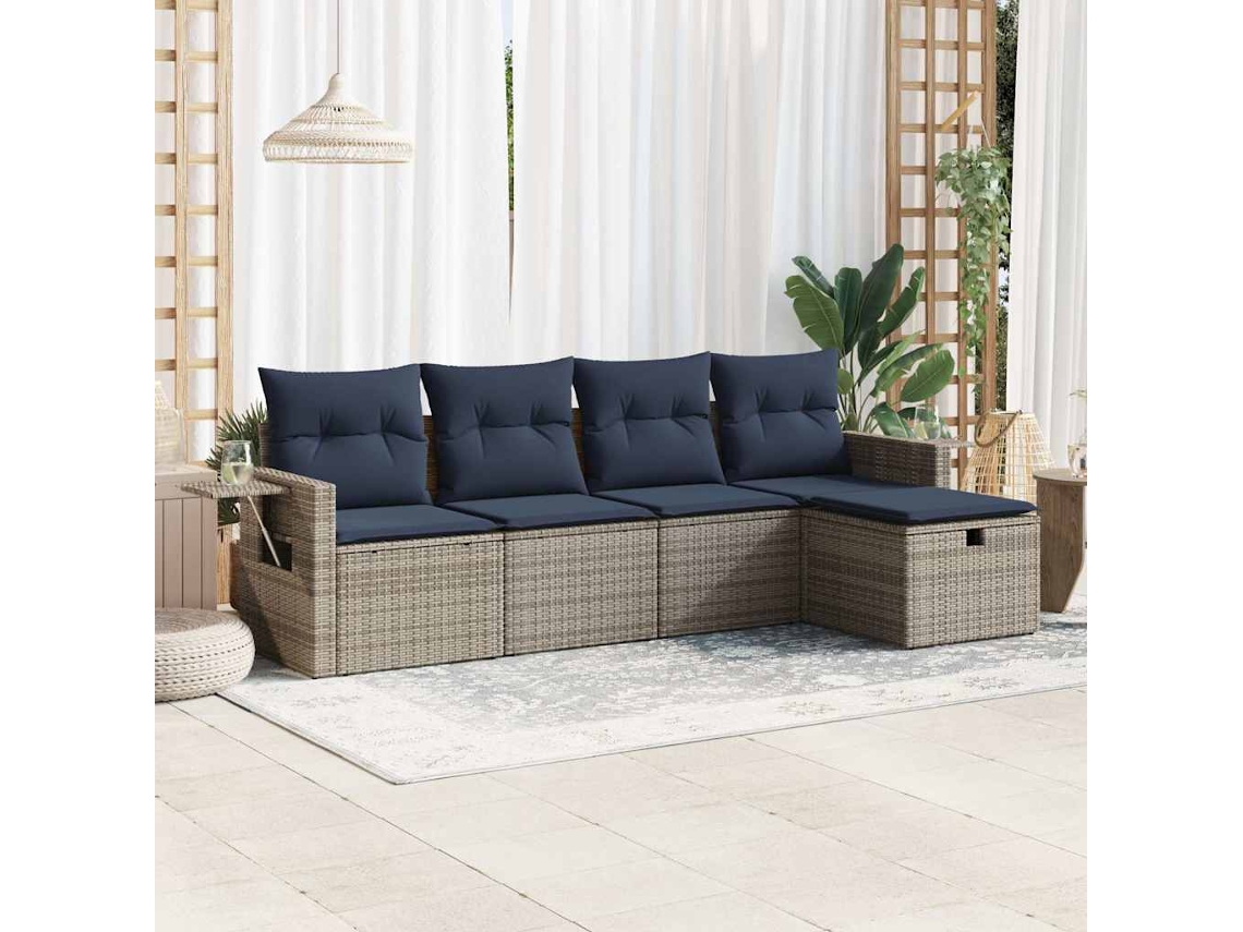 Vidaxl 5 Pcs Conjunto Sofás de Jardim C/ Almofadões Vime Pe Cinzento