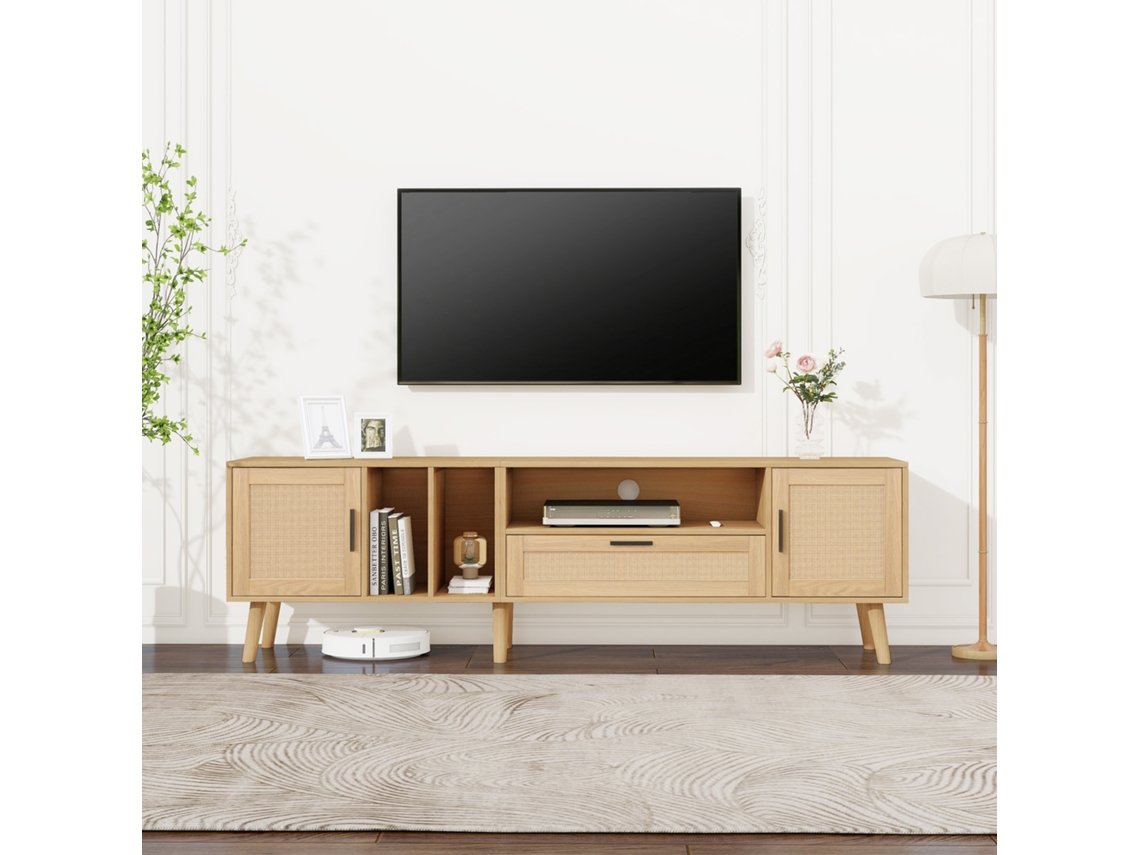 Móvel para TV 171,5x35x47 cm, Montagem no Chão ou Parede, 3 Portas, 3 Gavetas, Modular, Branco e Madeira KOMHTOM