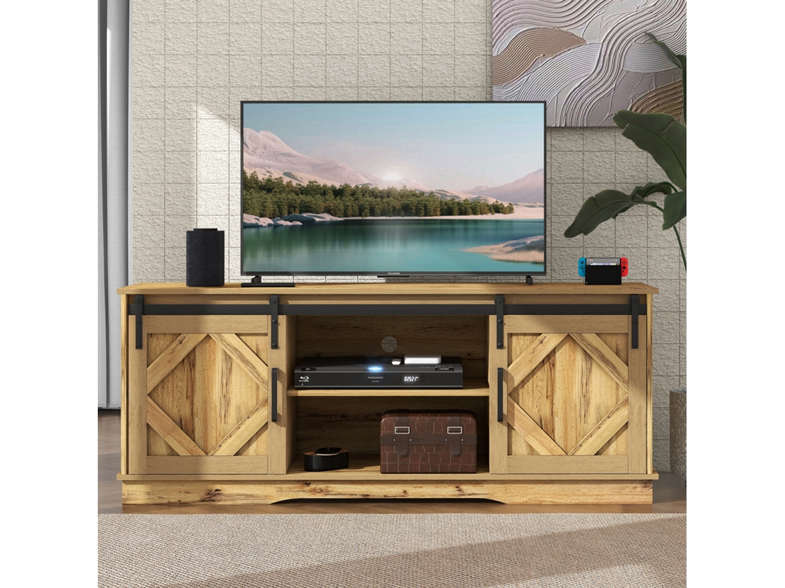 Armário Para Tv Grande 150x40x60cm Com 2 Portas De Correr Clássicas, Prateleiras Ajustáveis, Estilo Rústico Marrom